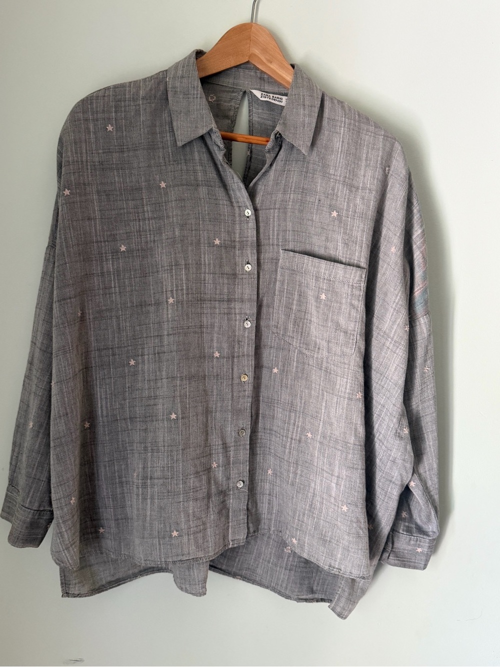 Zara Basic Z1975 Denim Gray Star Embroidered Oversized Button Up Shirt L